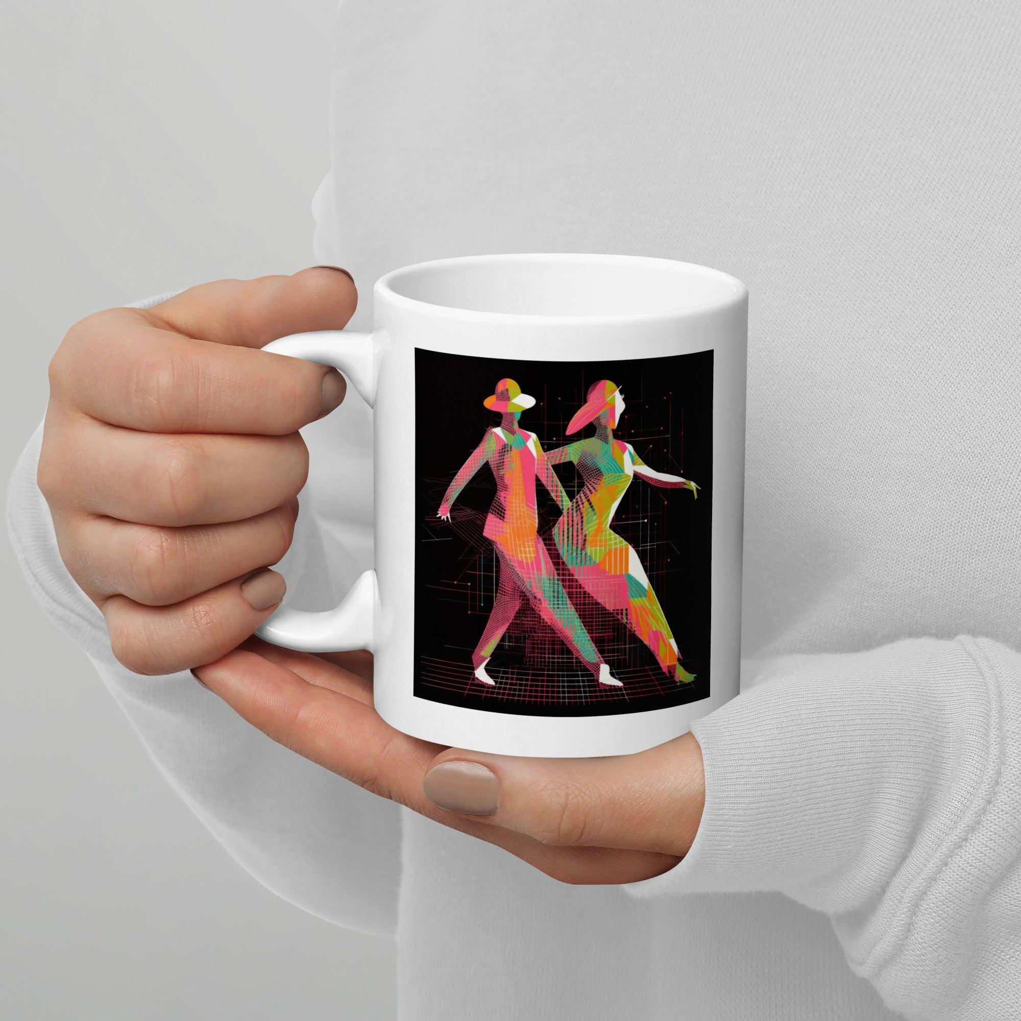 Ballet-themed glossy white mug for coffee and tea enthusiasts.