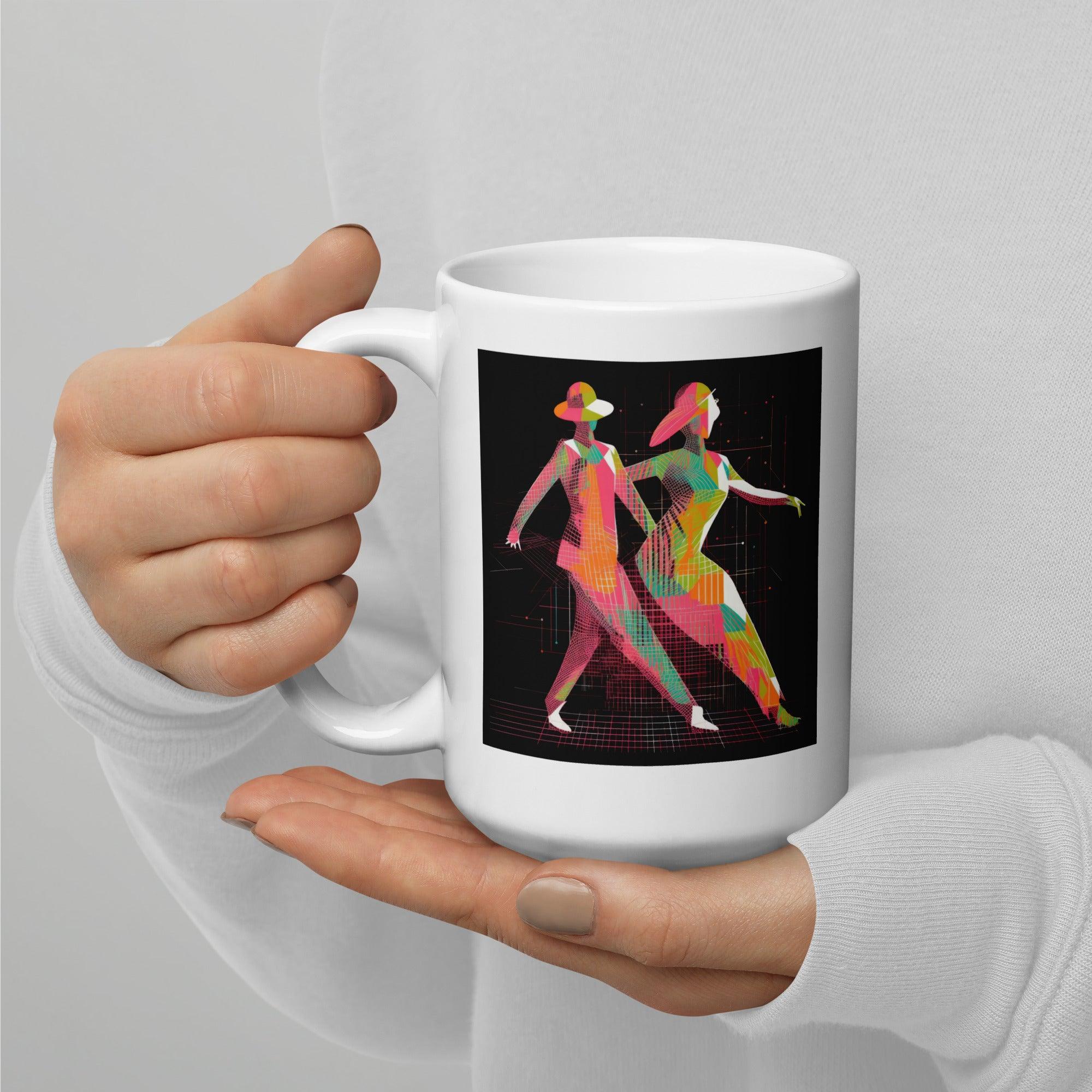 Chic white mug with balletic fashion illustration, perfect for elegant drinkware collections.