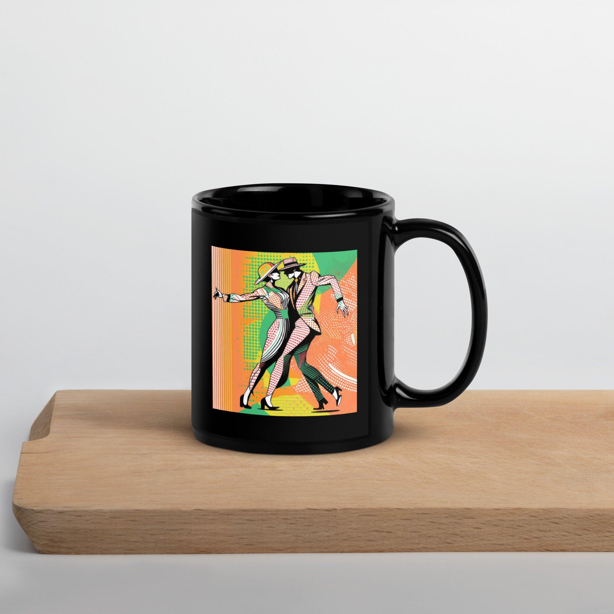 Black glossy mug with powerful women's dance moves print on the side.