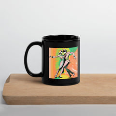 Energizing dance-themed glossy black coffee mug for women.