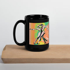 Stylish black mug featuring dynamic women dancers design.