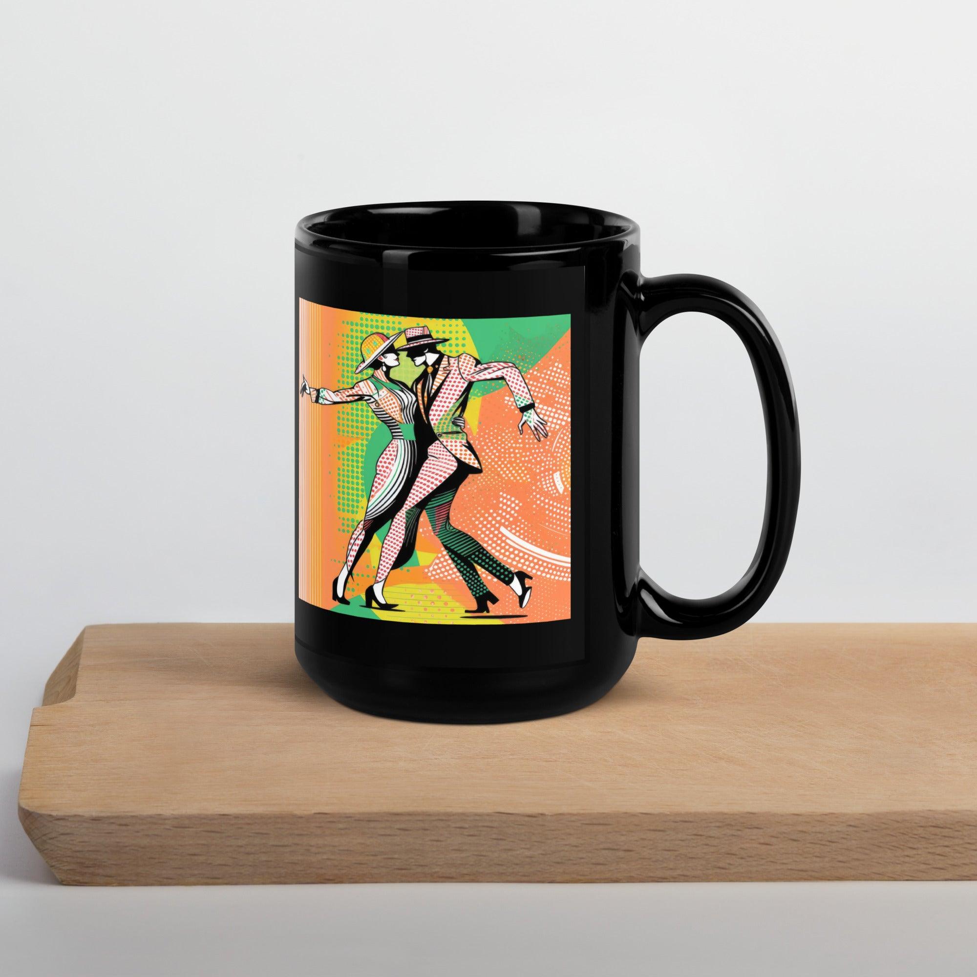 Inspiring women's dance moves on a glossy black ceramic mug.