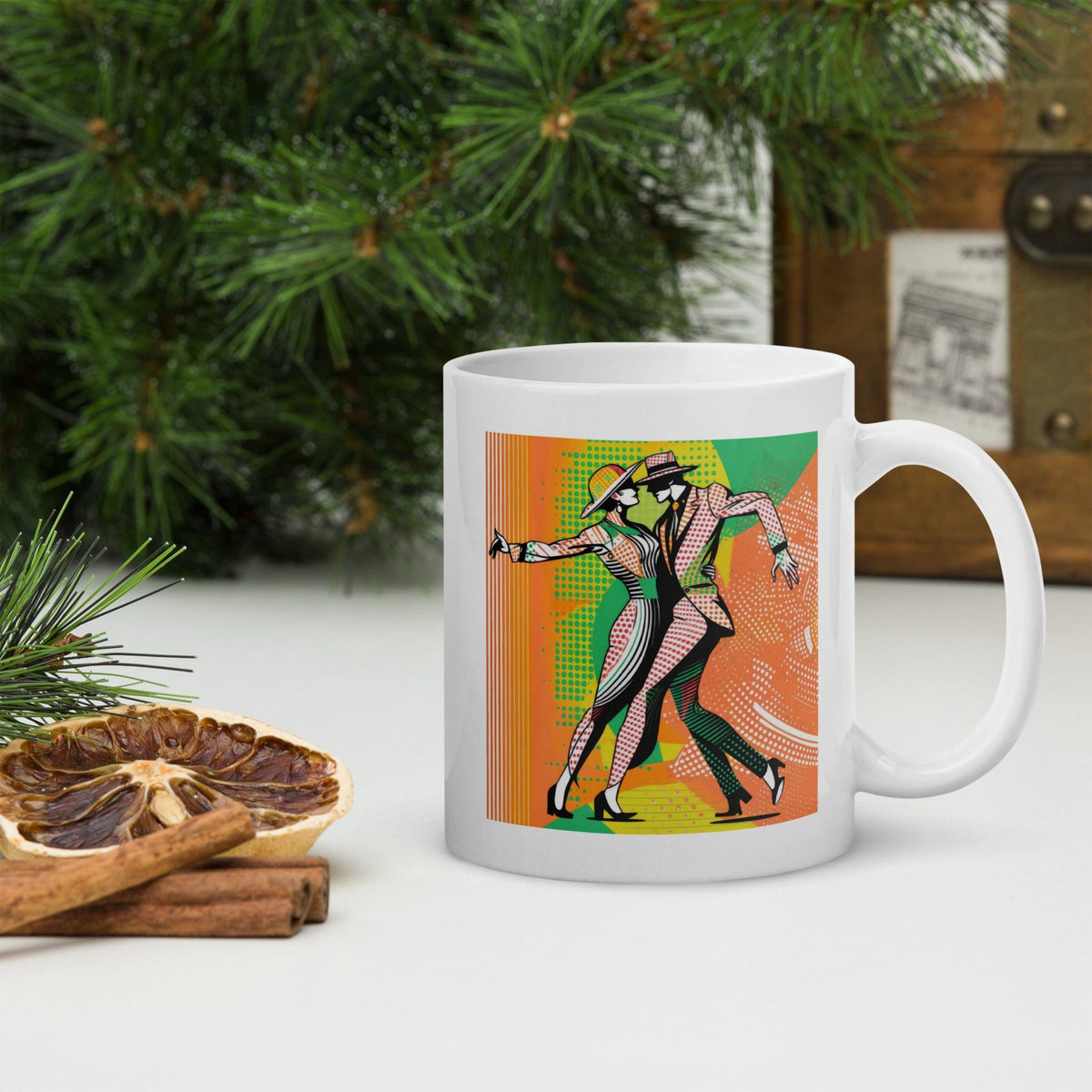 White glossy mug with women's dance silhouette design.