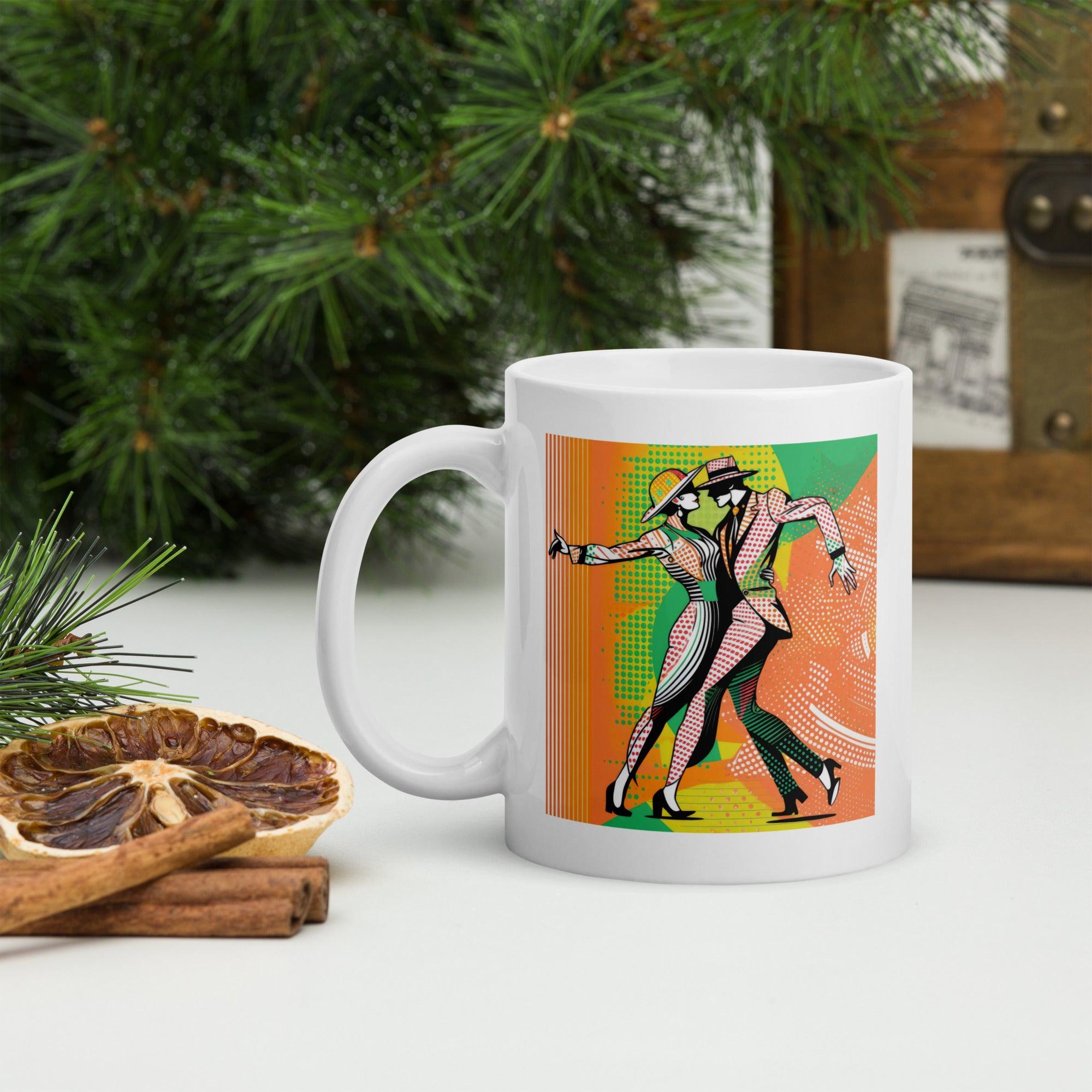 Inspirational dance moves printed on a white coffee mug.