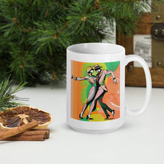 Stylish white mug featuring dynamic women's dance graphics.