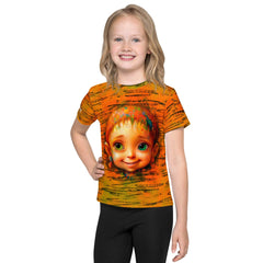 Child wearing fantasy-themed crew neck t-shirt with vibrant eye illustration.