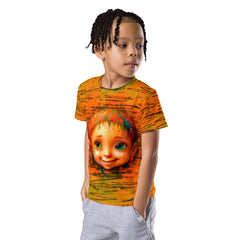 Close-up of Radiant Eyes design on children's crew neck t-shirt.