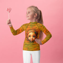 Child wearing Radiant Eyes of Fantasy Rash Guard with vibrant design.