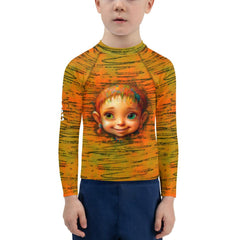 Kid playing outdoors wearing Fantasy Eyes Rash Guard.