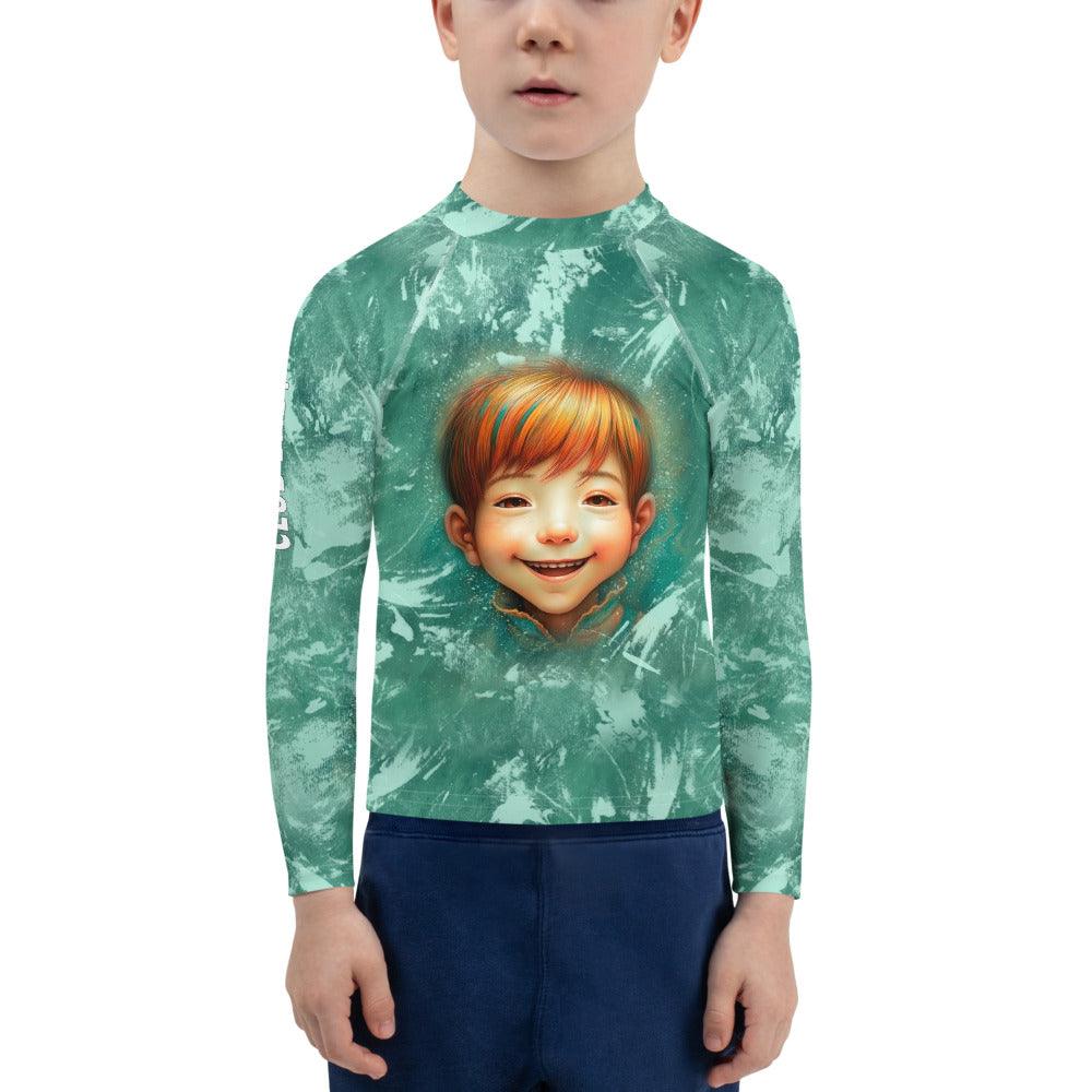 Child wearing Radiant Fairy Stares Rash Guard for swimming.