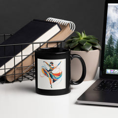 Stylish glossy black coffee mug with female dance elegance artwork.
