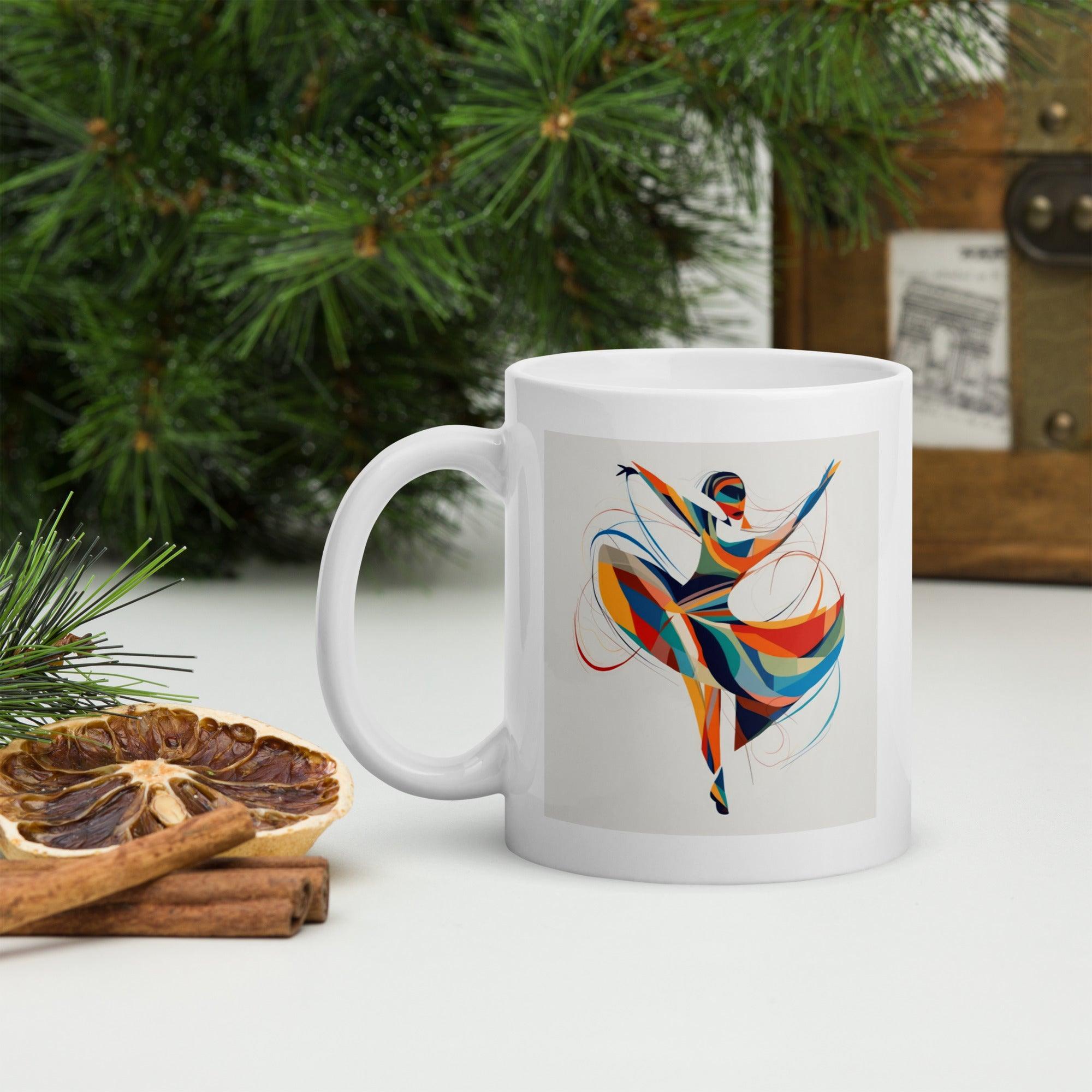 White glossy mug featuring a radiant female dance elegance design.