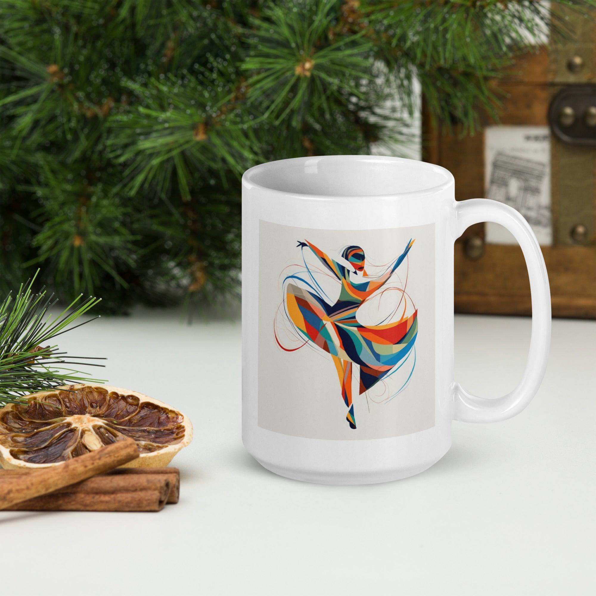 Stylish mug showcasing a dance-themed glossy white finish.