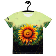 Child wearing Radiant Gaze of Nature crew neck T-shirt in a garden setting.