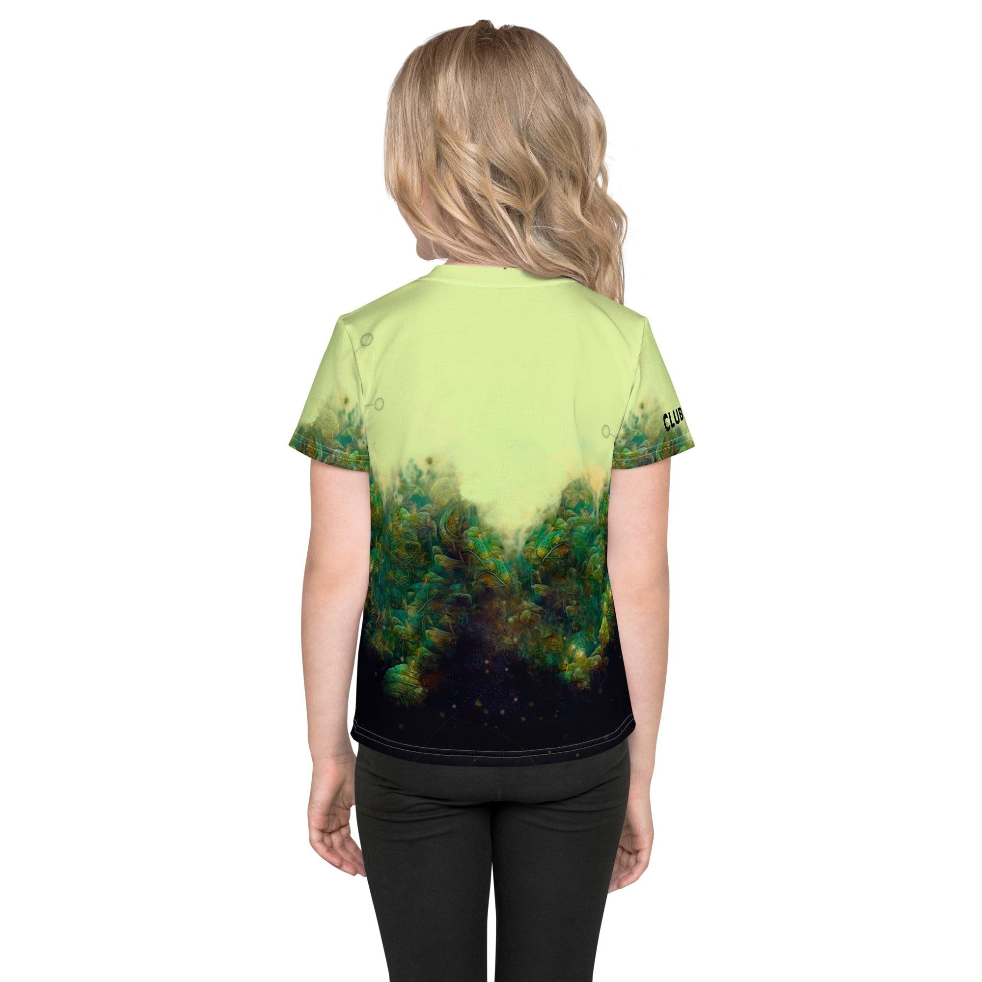 Close-up of Radiant Gaze of Nature kids T-shirt print and fabric.