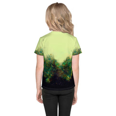 Close-up of Radiant Gaze of Nature kids T-shirt print and fabric.