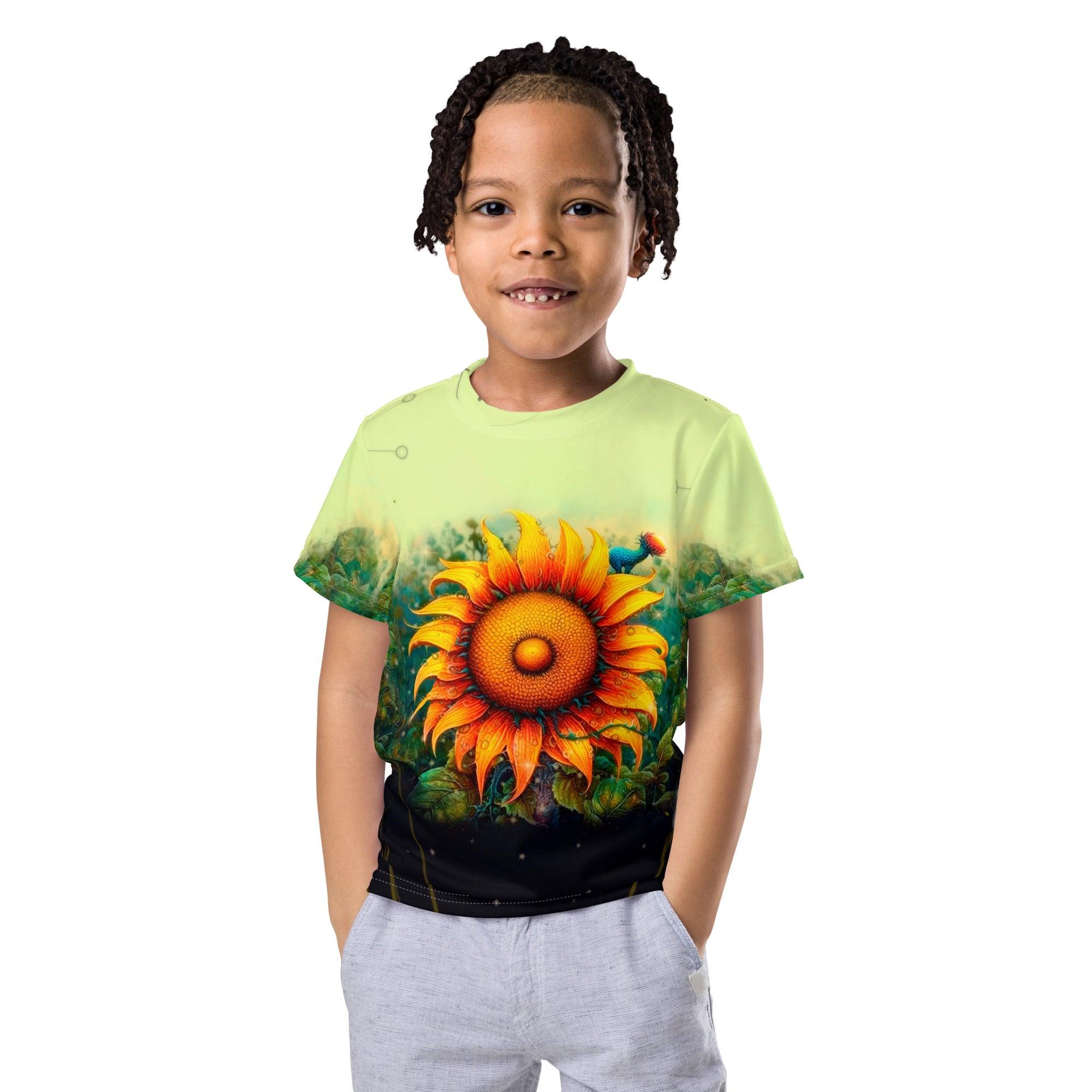 Group of children playing outdoors wearing Radiant Gaze of Nature T-shirts.