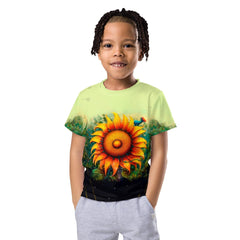 Group of children playing outdoors wearing Radiant Gaze of Nature T-shirts.