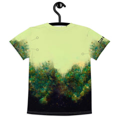 Kids Radiant Gaze of Nature crew neck T-shirt hanging against natural backdrop.