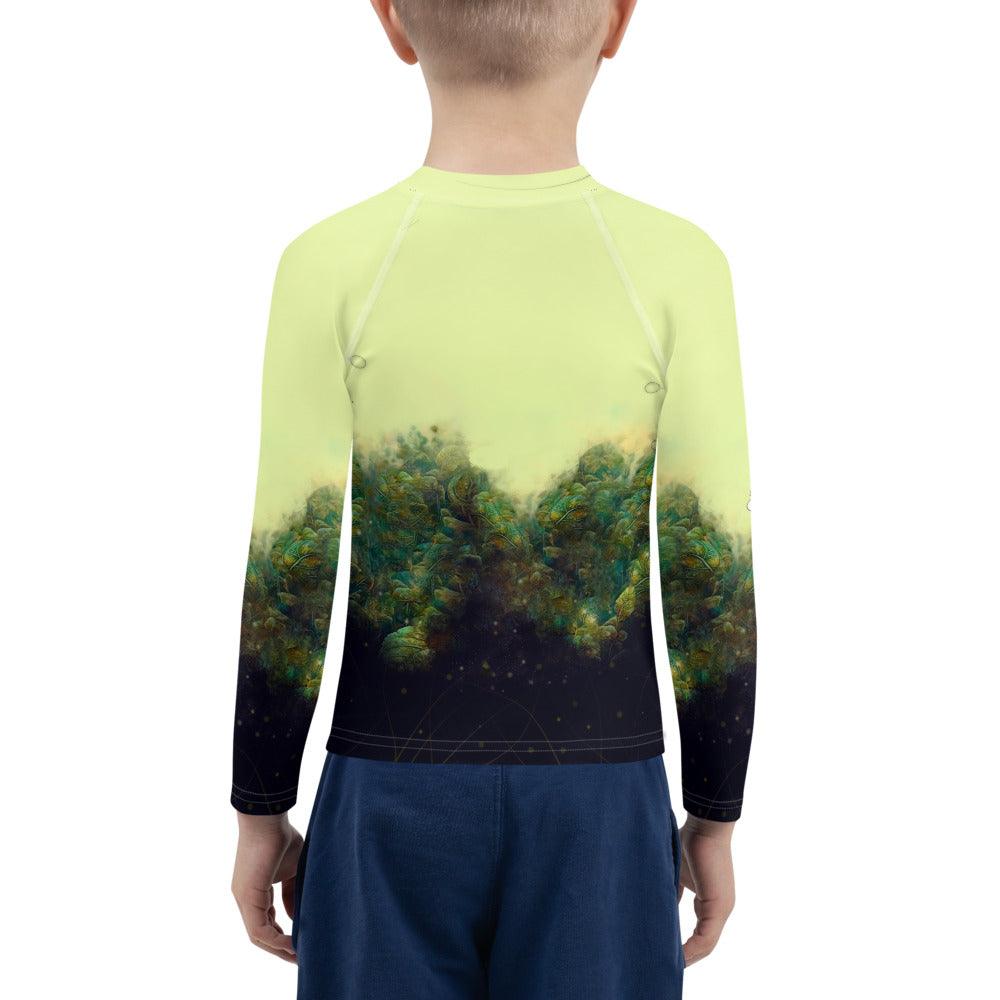 Close-up of Radiant Gaze of Nature Kids Rash Guard material.