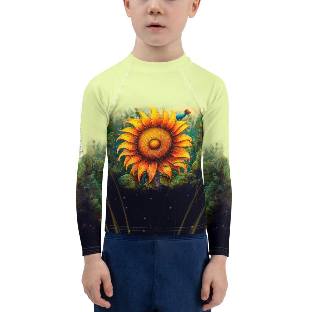 Kids Rash Guard with Radiant Gaze of Nature design laid flat.