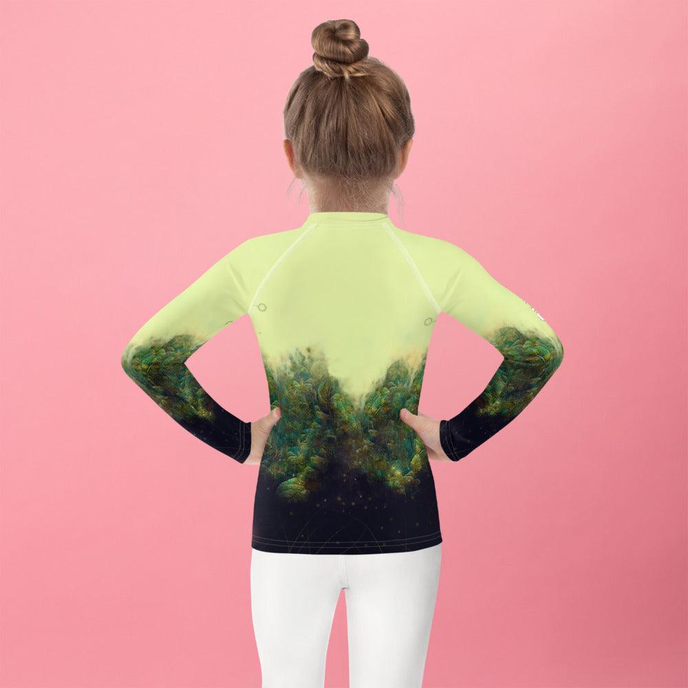 Young surfer sporting the Radiant Gaze of Nature Rash Guard.