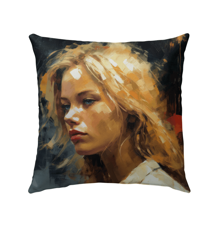 R&B Expressions colorful outdoor pillow on garden bench