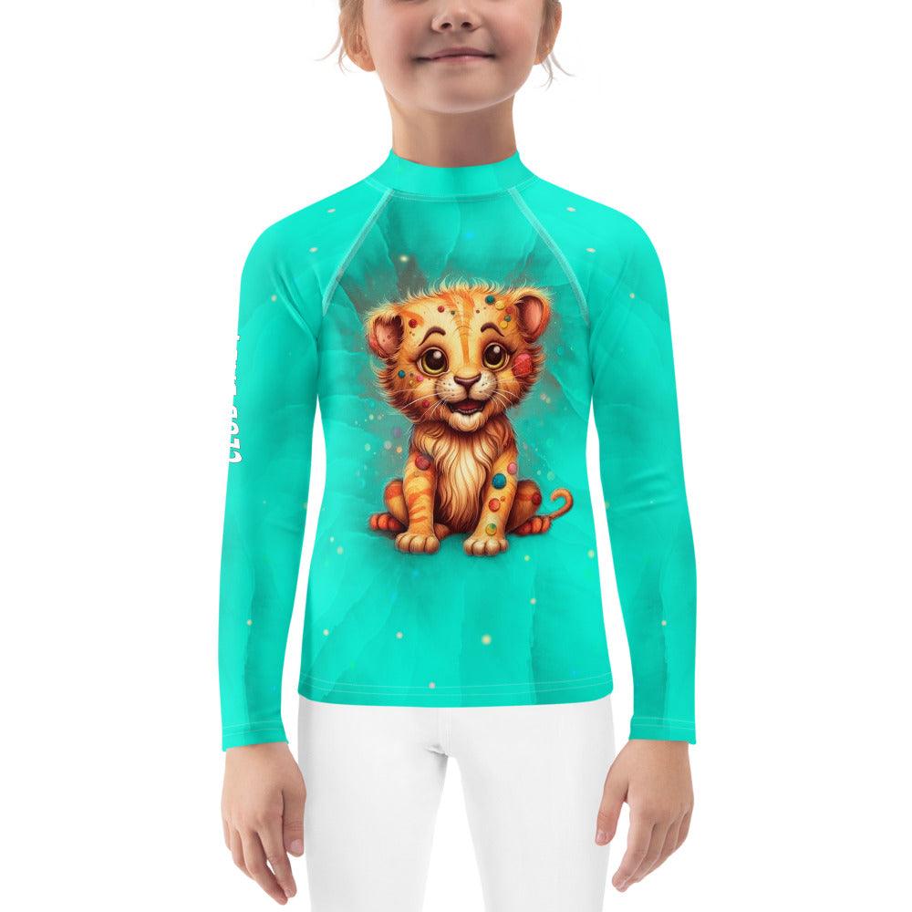 Kid surfing wearing the stylish Regal Gaze Collection rash guard.
