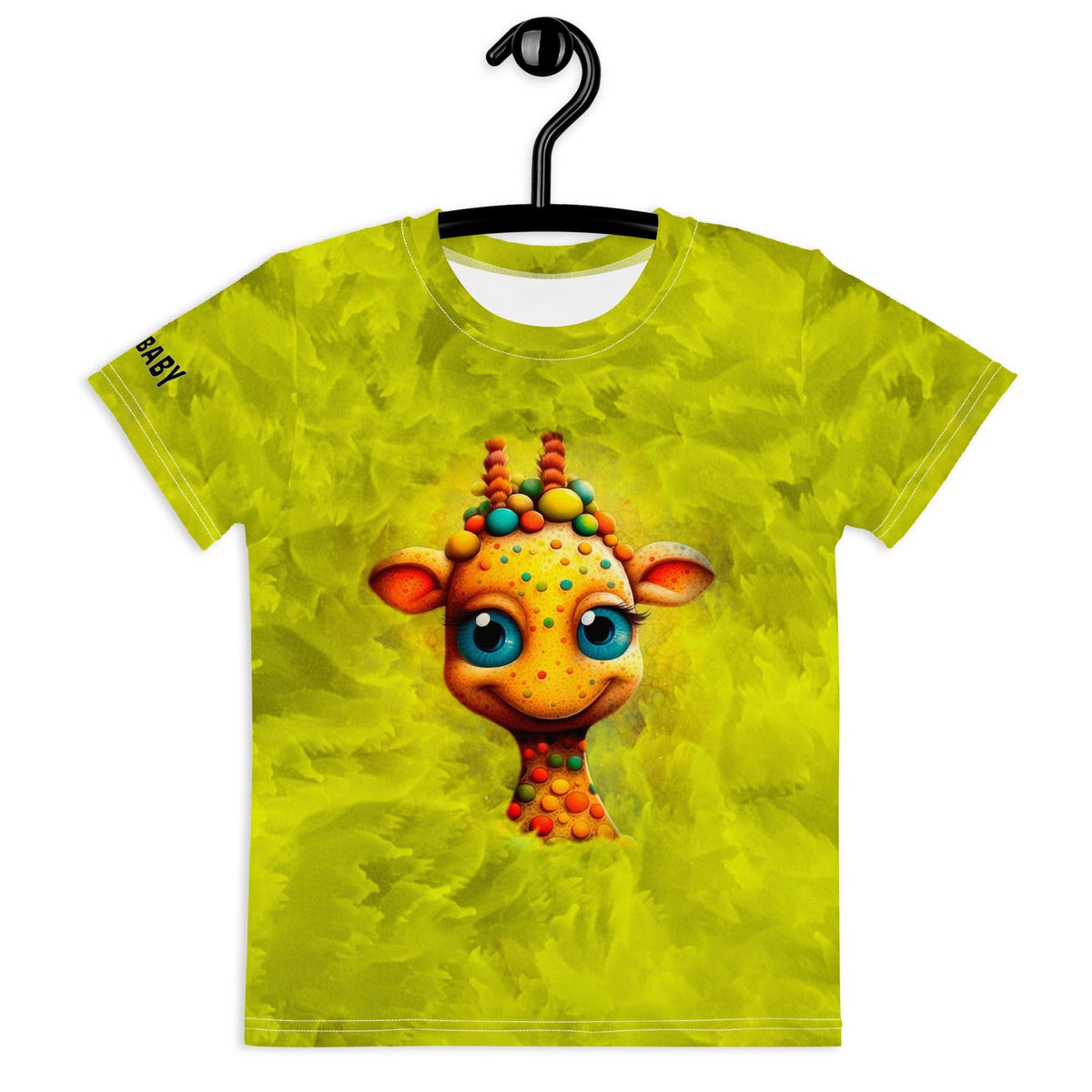 Child wearing Regal Iris Parade Kids Crew Neck T-shirt with playful design.