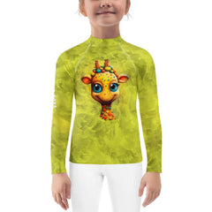 Child wearing Regal Iris Parade rash guard at the beach.