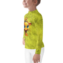 Regal Iris Parade kids rash guard on hanger against white background.