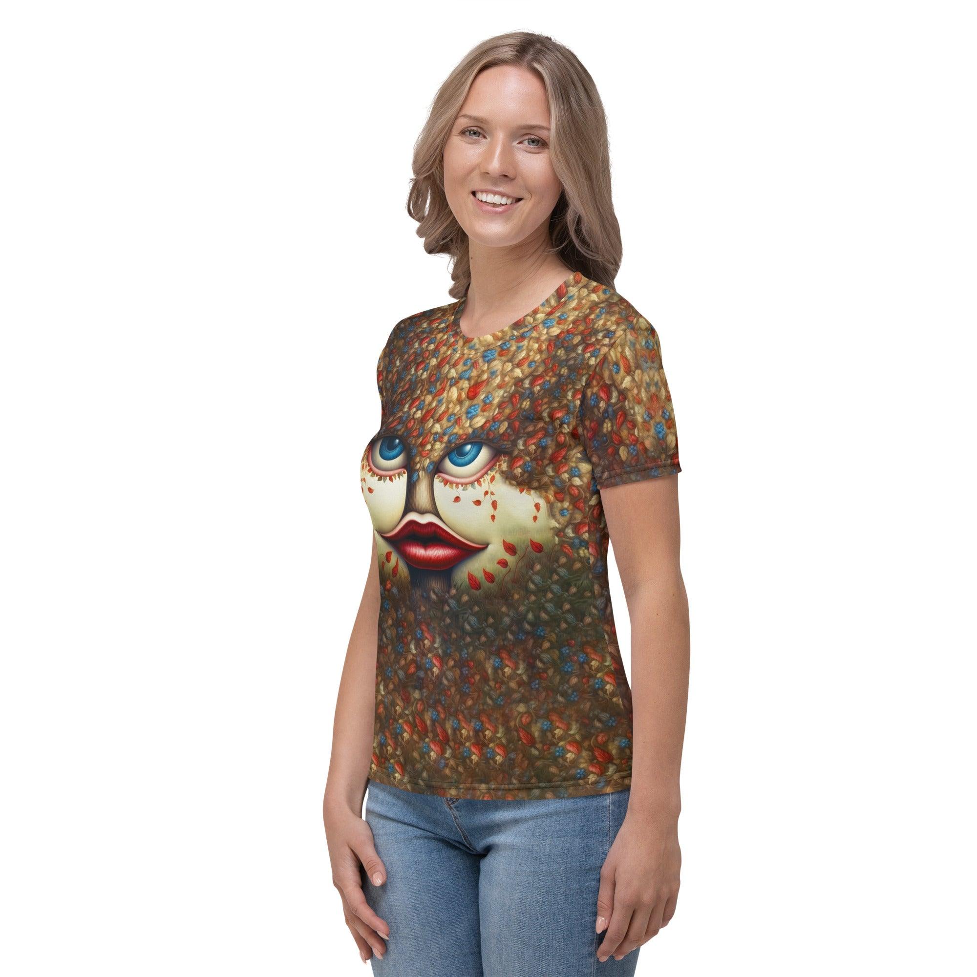 Woman wearing Revolutionary Murals T-shirt showcasing mural-inspired artwork.