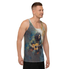 Man wearing Rhapsodic Rhythm tank top at a summer festival.