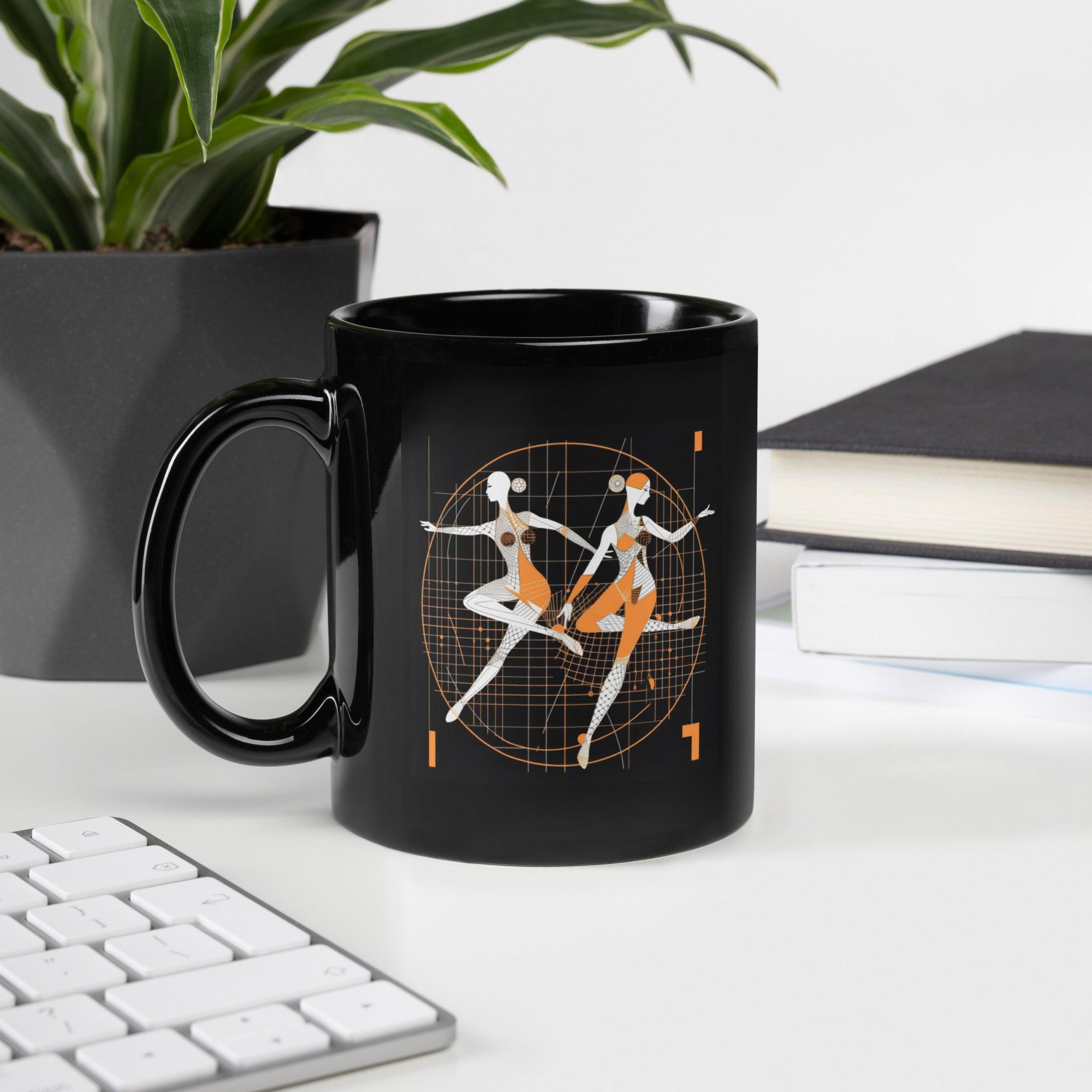 Black glossy mug with rhythmic dance design in a feminine style.