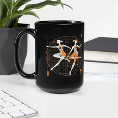 Elegant black coffee mug featuring a feminine dance motif.