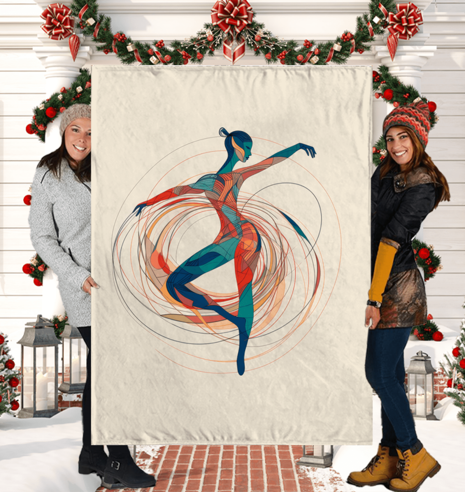 Rhythmic dance-inspired women's sherpa blanket on couch.