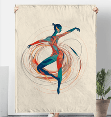 Elegant sherpa blanket with women's rhythmic dance design in a cozy room setting.