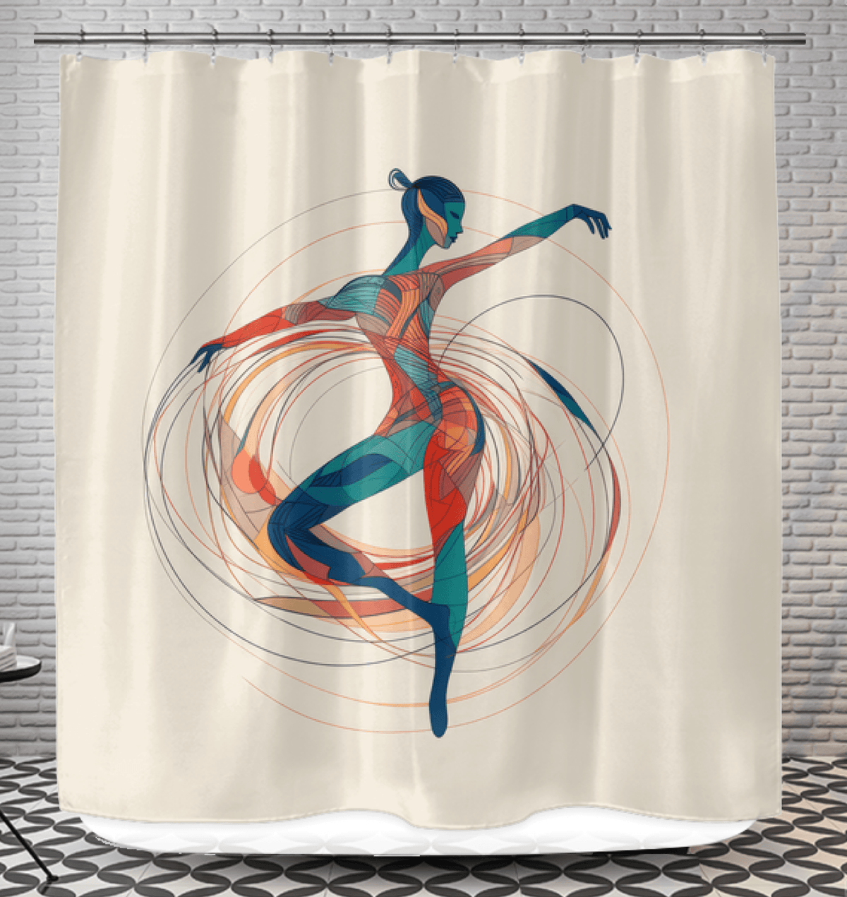 Vibrant shower curtain featuring women's rhythmic dance attire design for a unique bathroom style.