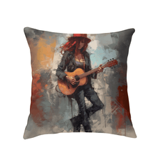 Rock Ballads themed decorative indoor pillow on a cozy living room couch.