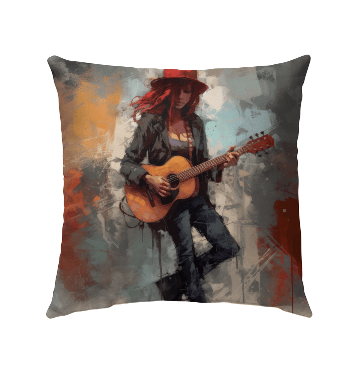 Rock Ballads themed outdoor pillow on a garden bench