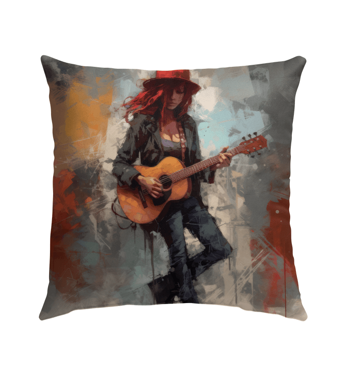 Weather-resistant Rock Ballads outdoor pillow in a patio setting