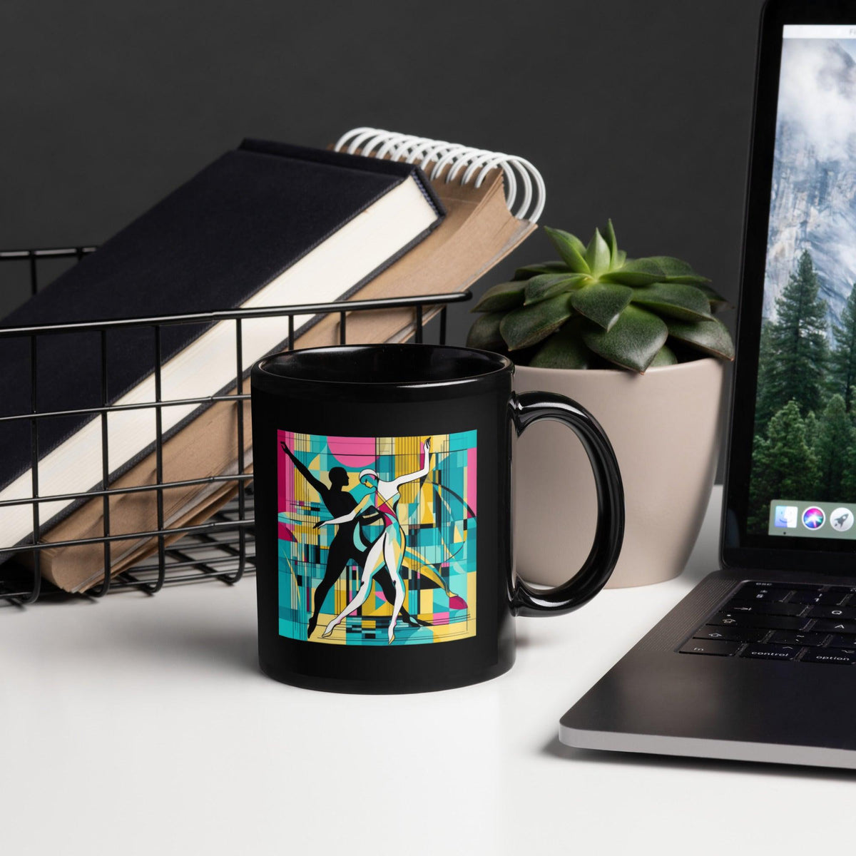 Elegant black glossy mug with balletic style design on a white background.