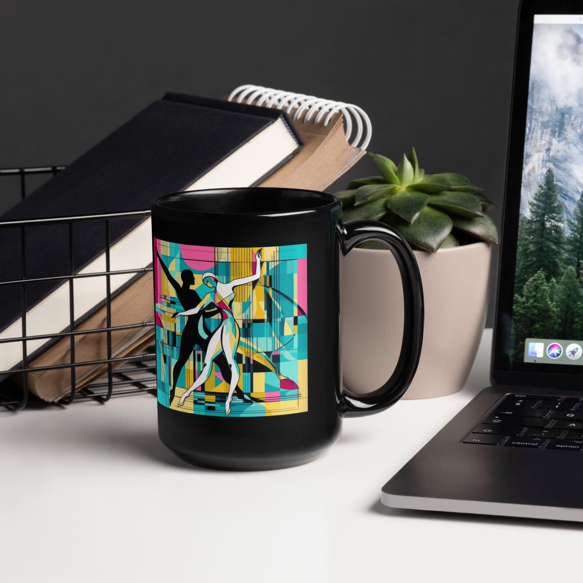 Close-up of sensational black glossy coffee mug showcasing its sleek balletic style.