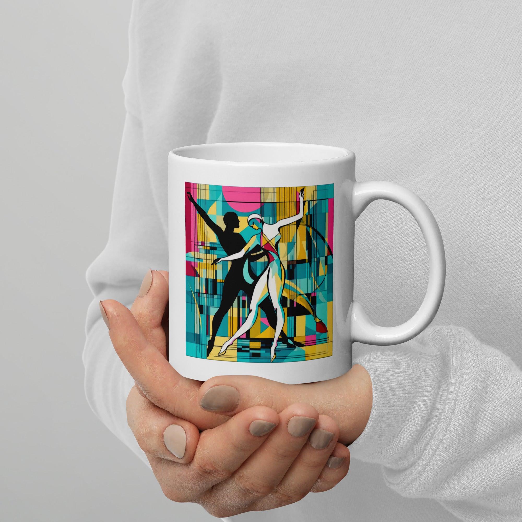 Elegant white glossy mug with balletic design, ideal for dance enthusiasts