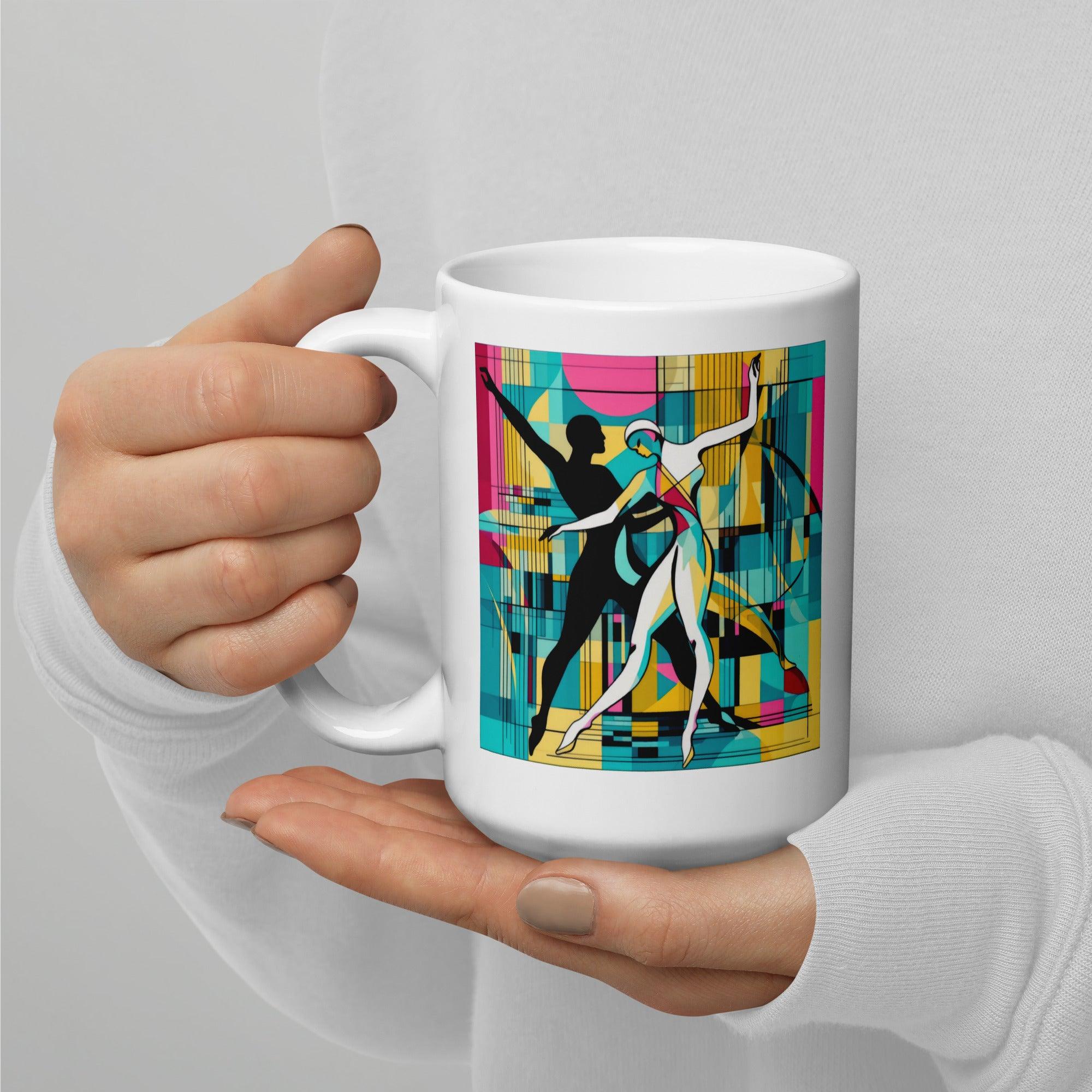 "Close-up of the balletic style white glossy mug, showcasing its exquisite design."