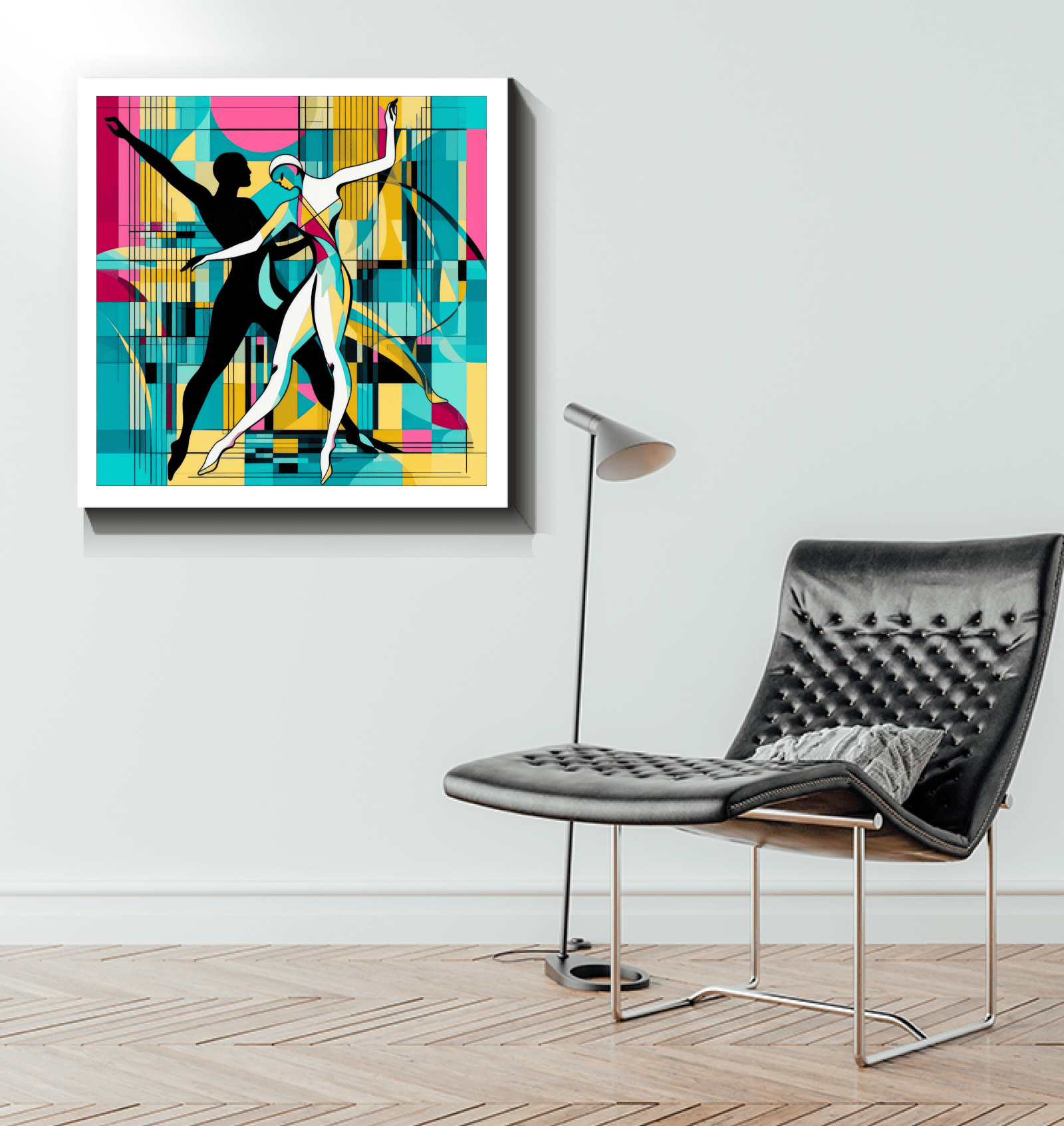 Sensational balletic canvas art in minimalist setting.