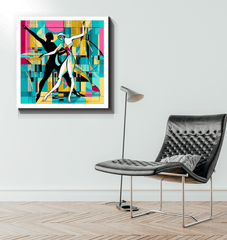 Sensational balletic canvas art in minimalist setting.