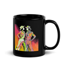 Black glossy coffee mug with feminine dance artwork.