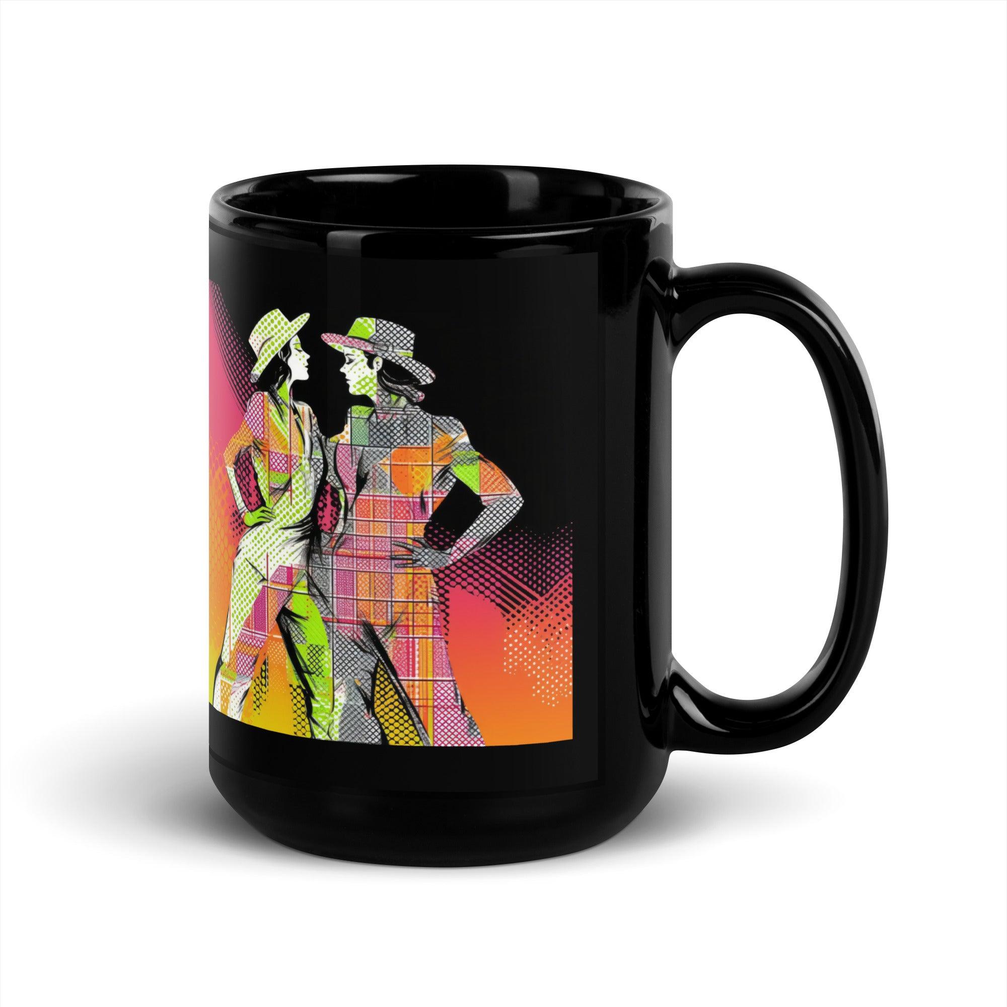 Feminine elegance depicted on a stylish black coffee mug.