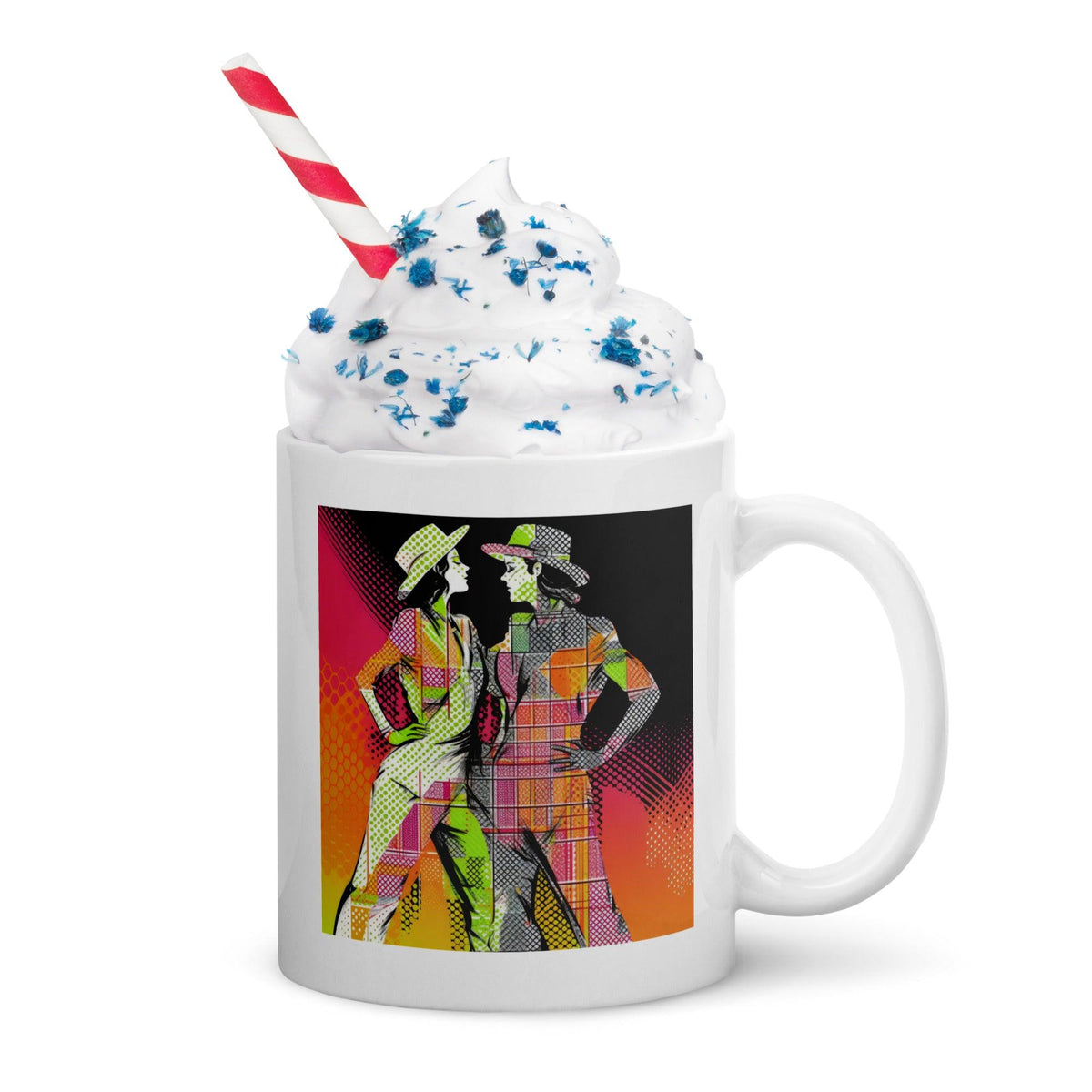 White glossy mug with elegant feminine dance design.